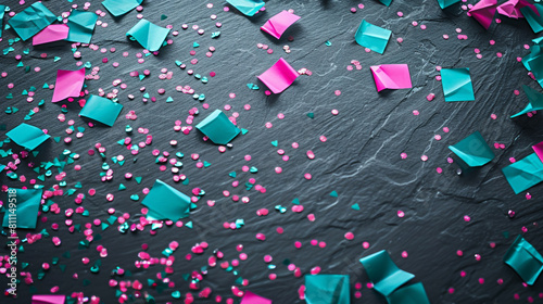 Glittering teal and bright pink confetti fluttering on a dark slate grey background, perfect for glamorous events.