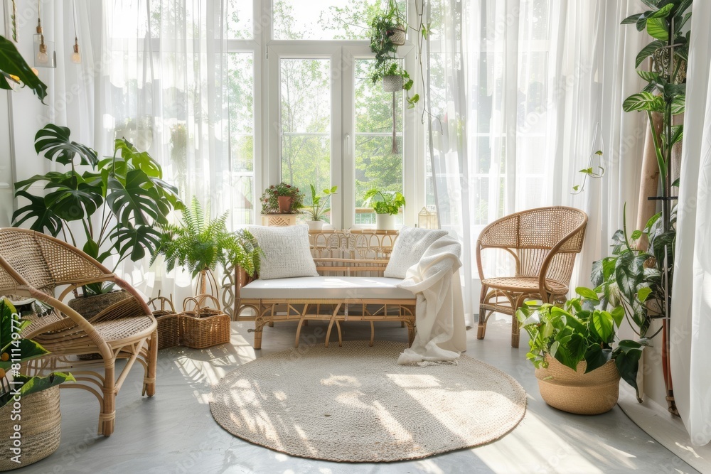 A Scandinavian sunroom with rattan furniture, a variety of houseplants, and sheer curtains. A relaxing, light-filled space.