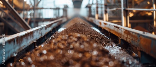 Potash fertilizer moving along a conveyor belt in an industrial manufacturing plant