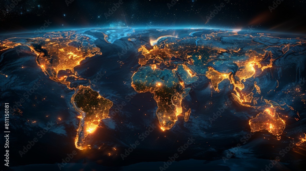 Global Networking: A network of lights representing the world map