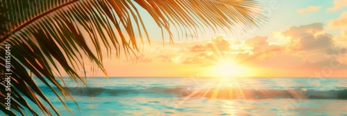 Summer background with tropical sunset overlooking the ocean with palm leaves. The atmosphere is magical, embodying the tranquil, dreamy allure of a tropical paradise
