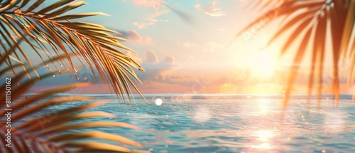 Summer background with tropical sunset overlooking the ocean with palm leaves. The atmosphere is magical  embodying the tranquil  dreamy allure of a tropical paradise