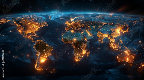 Global Networking: A network of lights representing the world map