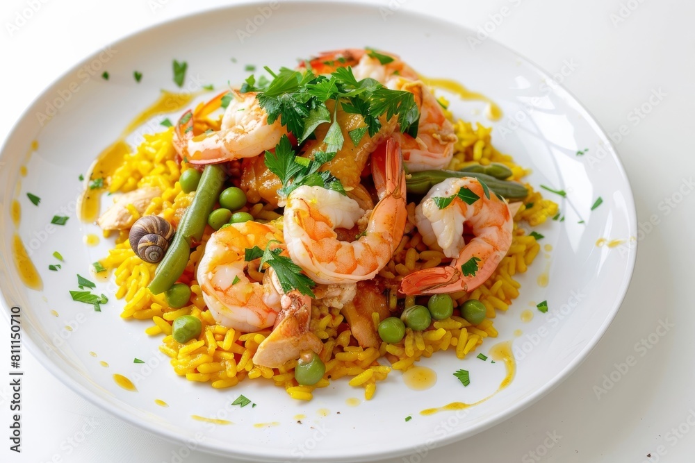 Colorful Saffron Rice Paella with Chicken, Shrimp, and Snail Medley Colorful Saffron Rice Paella with Chicken, Shrimp, and Snail Medley