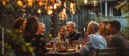 A heartwarming scene of a family or friends dining outdoors, where an elderly man and young women share laughter, showcasing intergenerational closeness and the warmth of family ties 2. photo