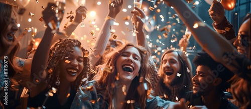 Young people celebrating at a party, raising glasses among golden confetti, embodying the carefree spirit of youth and friendship.