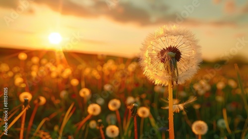 Beautiful field of dandelions with the sun setting in the background. Ideal for nature and landscape themes