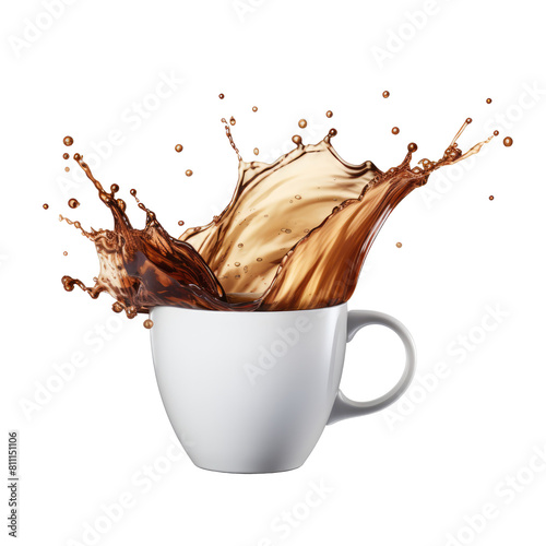 PNG white cup of tea or coffee with splashes, isolated realistic illustration