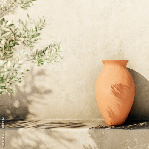 Olive tree shadow on beige rustic wall with clay pot. Summer mediterranean traditional home architecture design, neutral aesthetic. Texture paint plaster facade mockup background.