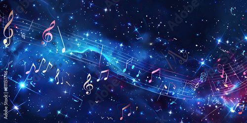 Starry Night Sonata: Music Notes Floating Under a Starry Night Sky with Constellations