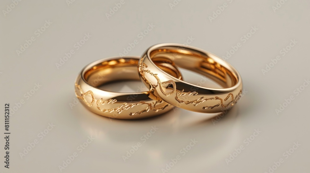 Newlywed text inscribed on golden wedding bands Newlywed text inscribed on golden wedding bands