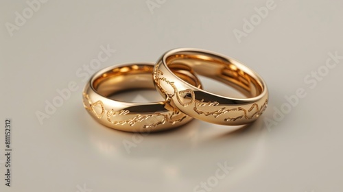 Newlywed text inscribed on golden wedding bands