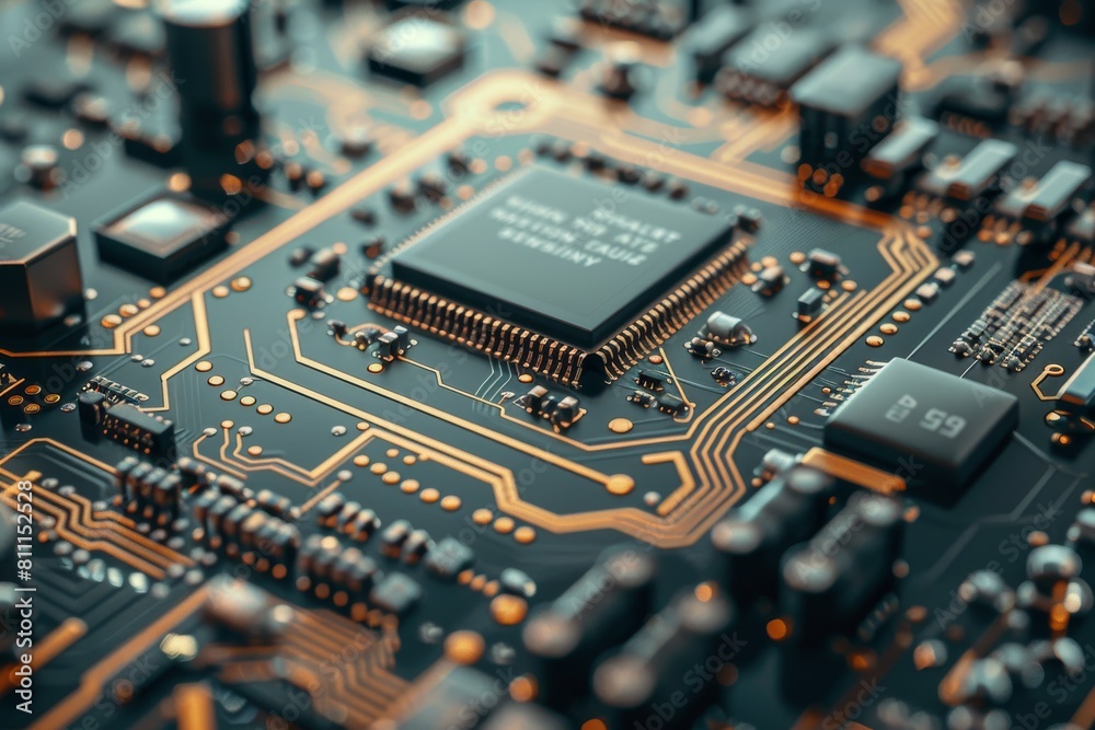 A minimalist style image of a printed circuit board with a focus on a specific high-tech chip, implying innovation and precision engineering.