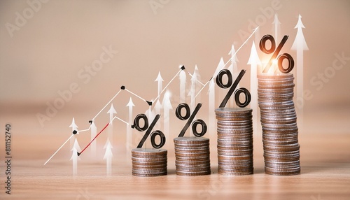 Crypto Business Coins money stacking with up arrow and percentage symbol for financial banki photo