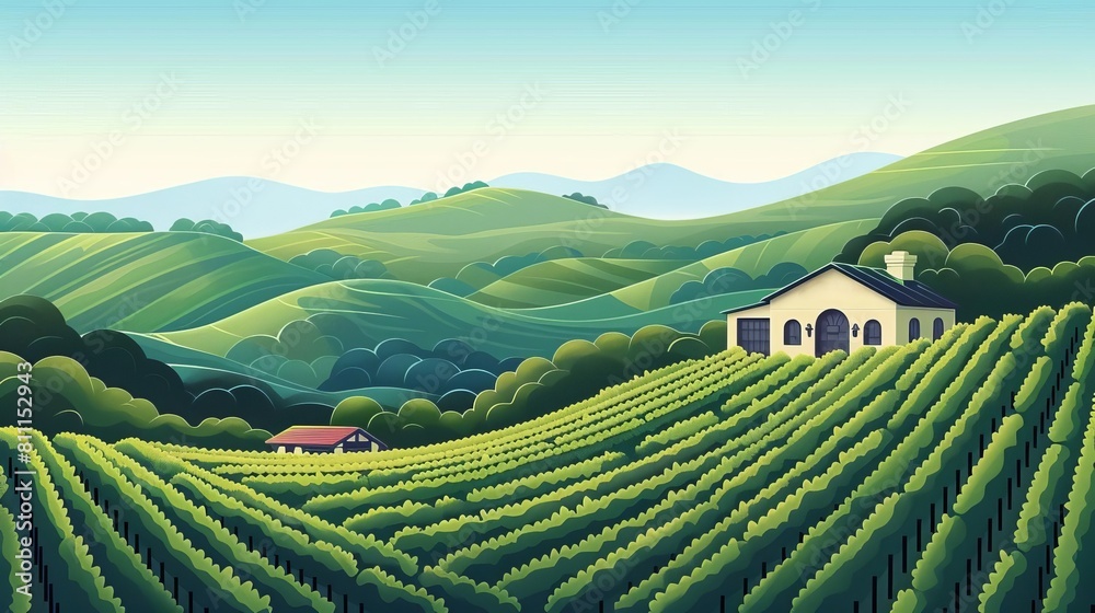 Icon depicting a vineyard and winery in a temperate climate region, with rows of grapevines and a tasting room set against rolling hills