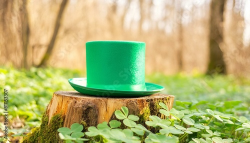 Green top hat on top of tree stump with clovers on the ground, Green top hat in the forest 