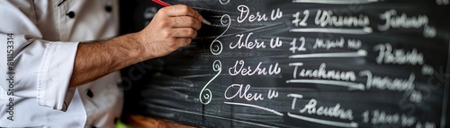 Illustration of a chef writing out a new menu with artistic flourishes on a chalkboard paper