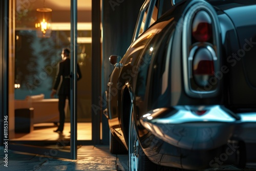 A car parked in front of a modern glass door  suitable for business and transportation concepts