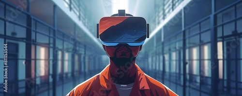 Illustration of an inmate using virtual reality in jail, experiencing simulated environments of the outside world