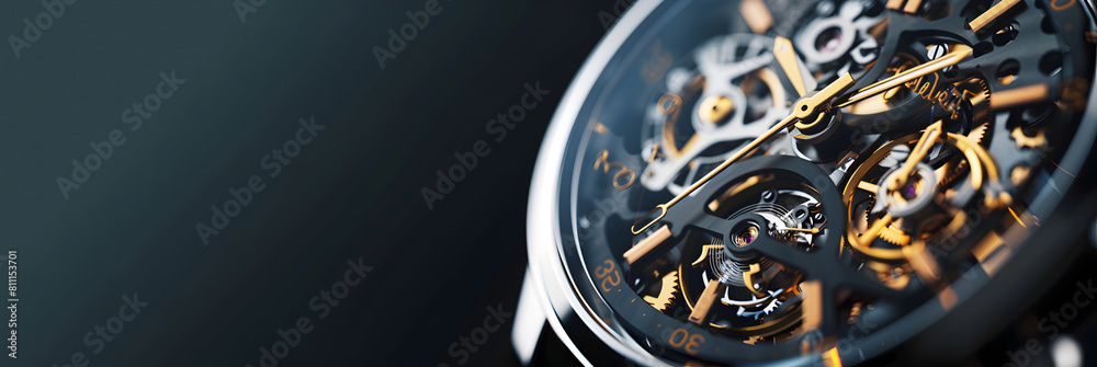 a gleaming silver pocket watch rest nearby, capturing a time capsule of business and creative minutes, futuristic watch with space for text banner