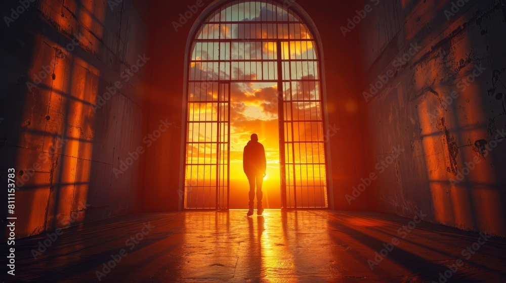 Fototapeta premium Image of a person stepping out of a jail into the sunrise, symbolizing new beginnings and freedom