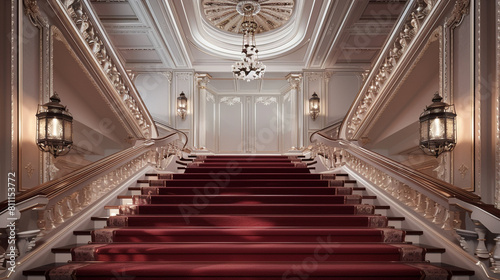 Luxury entrance hall with cherry red carpeted stairs featuring ornate plasterwork and a grand ceiling medallion The space is illuminated by traditional lantern-style chandeliers photo