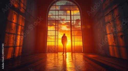 Image of a person stepping out of a jail into the sunrise  symbolizing new beginnings and freedom