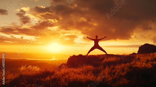 An inspiring silhouette of a person performing the warrior pose (Virabhadrasana) on a hilltop, with the first light of dawn illuminating the horizon behind them. Dynamic and dramat © Лариса Лазебная