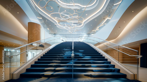Luxury foyer with cerulean carpeted stairs featuring glass banisters and a high ceiling with modern abstract lighting The minimalist decor emphasizes clean lines photo