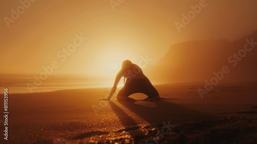 A captivating silhouette of a person practicing the downward-facing dog pose (Adho Mukha Svanasana) on a sandy beach, with the soft glow of morning light enveloping them. Dynamic a photo
