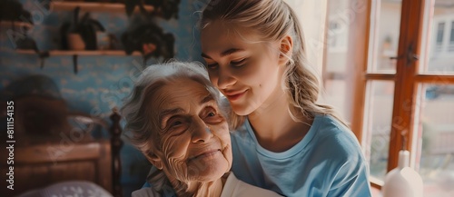 Tender moment between a young woman and her elderly grandmother in a cozy home setting, reflecting love and care 1.