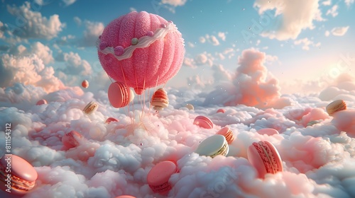 Whimsical Macaron and Marshmallow Balloon Floating in a Dreamy Rococoinspired World photo