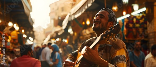 A musician passionately plays guitar in a bustling market, surrounded by cultural artifacts, under warm ambient lighting 1. photo