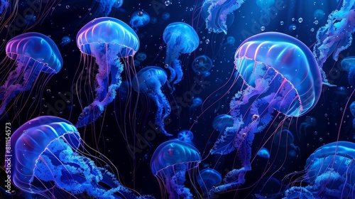 Craft a visually stunning underwater scene featuring a school of bioluminescent jellyfish floating gracefully in a vast © Chano_1_na