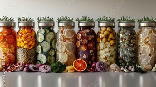 A row of jars filled with various fruits and vegetables photo