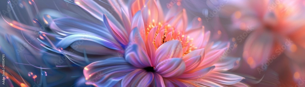 Focus on the delicate petals of a digitally enhanced flower, glowing softly with ethereal colors, blending realism and fantasy seamlessly Focus on the delicate petals of a digitally enhanced flower, glowing softly with ethereal colors, blending realism and fantasy seamlessly