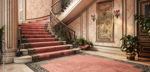 Luxury home foyer with rosy pink carpeted stairs bordered by a classic iron railing and a soft patterned runner A large elegant tapestry hangs on the wall enhancing the vintage feel photo