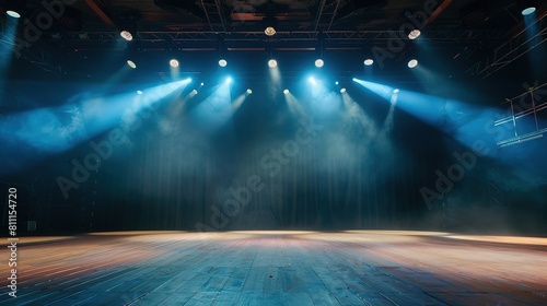 retro vintage interior theater stage with blue spotlights shine on rustic floor with smoke drifting around, background backdrop, Generative Ai © QuietWord