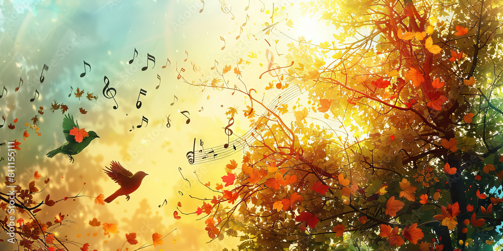 Symphony of Nature: Music Notes Blending with Elements of Nature like Trees and Birds Symphony of Nature: Music Notes Blending with Elements of Nature like Trees and Birds