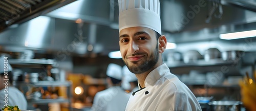 A charismatic chef presents a dish with a proud smile in the bustling ambiance of a professional kitchen 5.