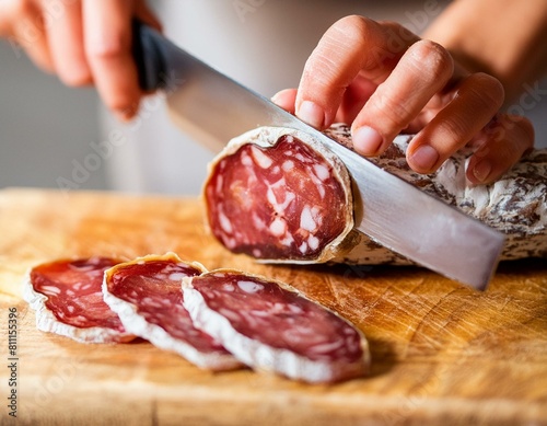 
91 / 5.000
Risultati della traduzione
butcher with apron slicing salami on a wooden board with a large knife photo