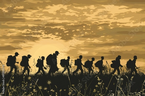 A group of people walking across a grass covered field. Suitable for outdoor activities concept