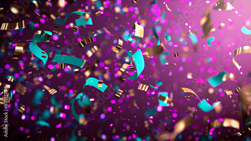 Metallic bronze and bright aqua confetti swirling on a deep purple background, perfect for a luxurious party scene.