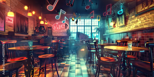 Jazz Cafe Rhythms: Music Notes Drifting Amidst Tables and Chairs in a Cozy Jazz Cafe