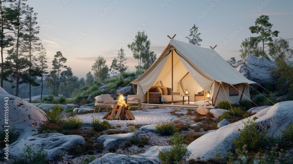 Glamping in the mountains with fireplace and breathtaking views of nature, luxury tent with a beautiful sofa, country hotel in the forest at dusk. 