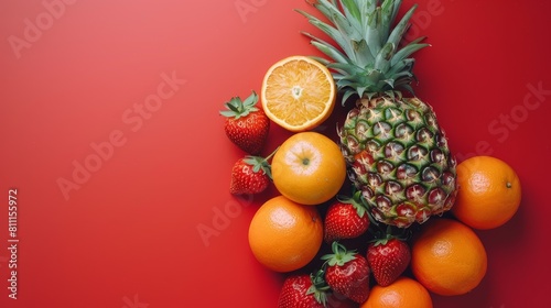 Fresh tropical fruit isolated red unfocused background  strawberries pears pineapple pineapple orange organic  close-up natural fruit for juice detox.