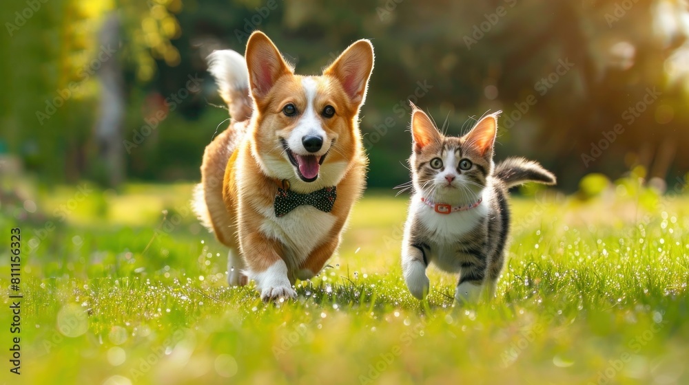 furry friends red cat and corgi dog wearing bow ties walking on the green grass in a summer, sunny day, meadow under the drops of warm rain. furry friends red cat and corgi dog wearing bow ties walking on the green grass in a summer, sunny day, meadow under the drops of warm rain.