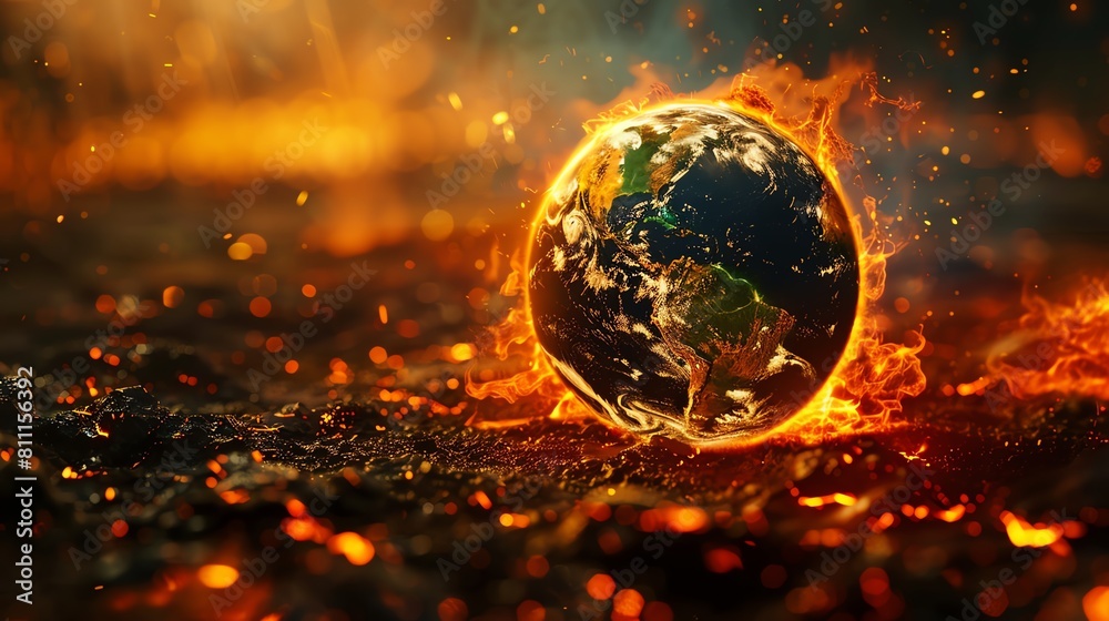 Earth globe melting on a fiery background, a stark image of climate change and global warming Earth globe melting on a fiery background, a stark image of climate change and global warming