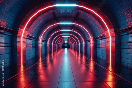 A long tunnel illuminated by neon lights  creating a futuristic and vibrant atmosphere