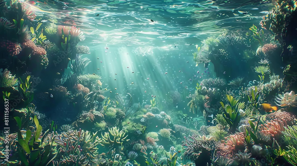 Fototapeta premium Illustrate a surreal underwater landscape with a wide-angle perspective